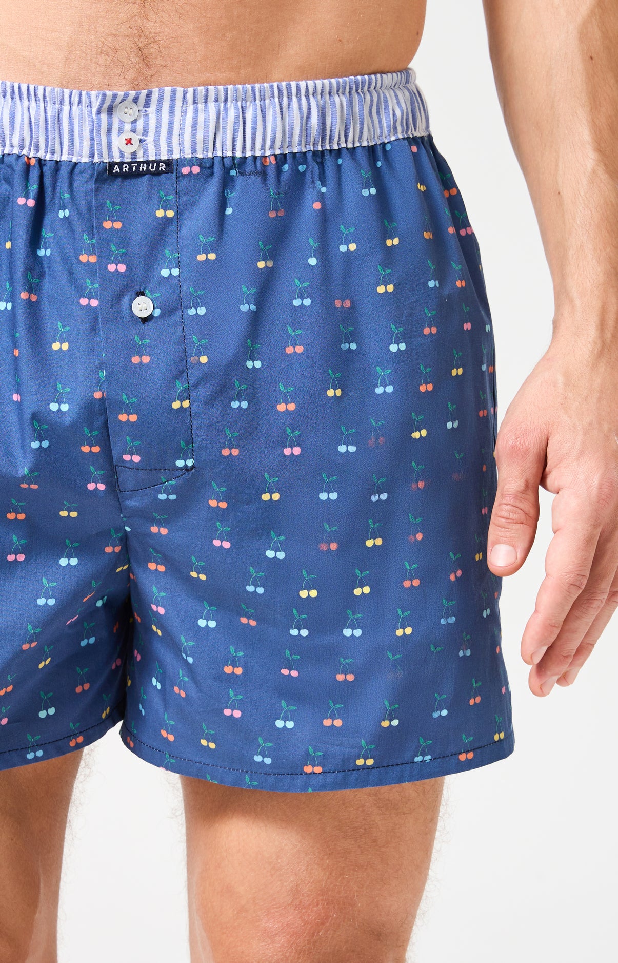Caleçon avec suspensoir Le Club n°1202 Imprimé cerises multicolores élastique rayé bleu et blanc 1