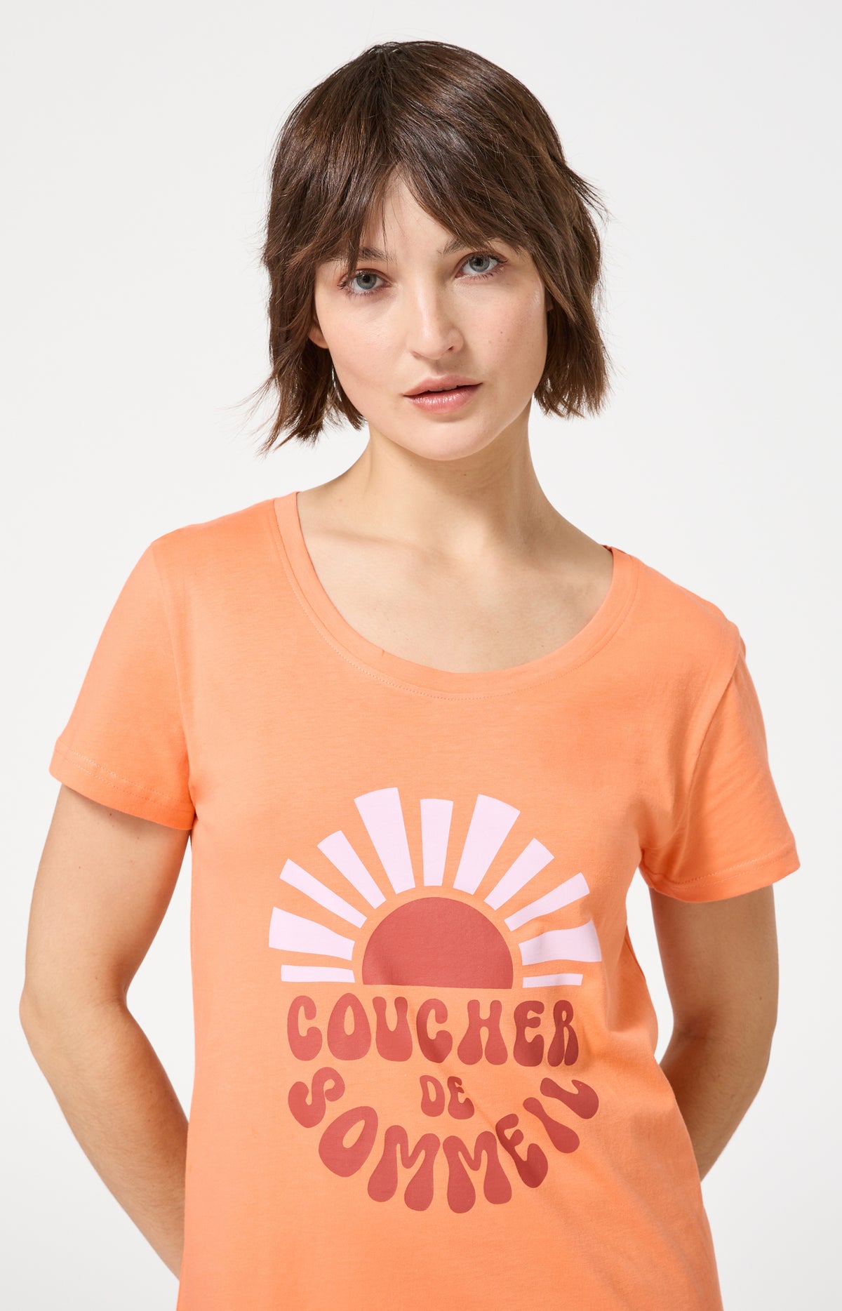 Chemise de nuit Femme Coucher de sommeil Manches courtes Imprimé coucher de soleil orange 2