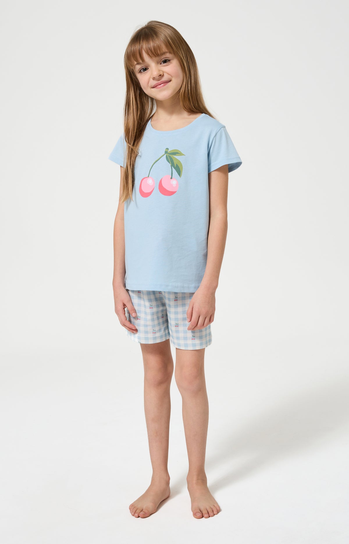 Pyjama Enfant Cherry Manches courtes Imprimé cerises roses et vertes 1