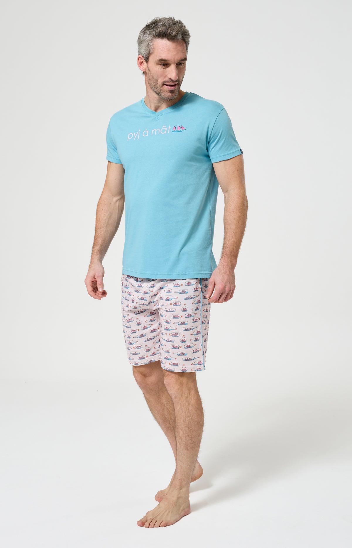 Pyjama Homme Pyj à mât Manches courtes Imprimé bateaux bleus en bouteilles 6