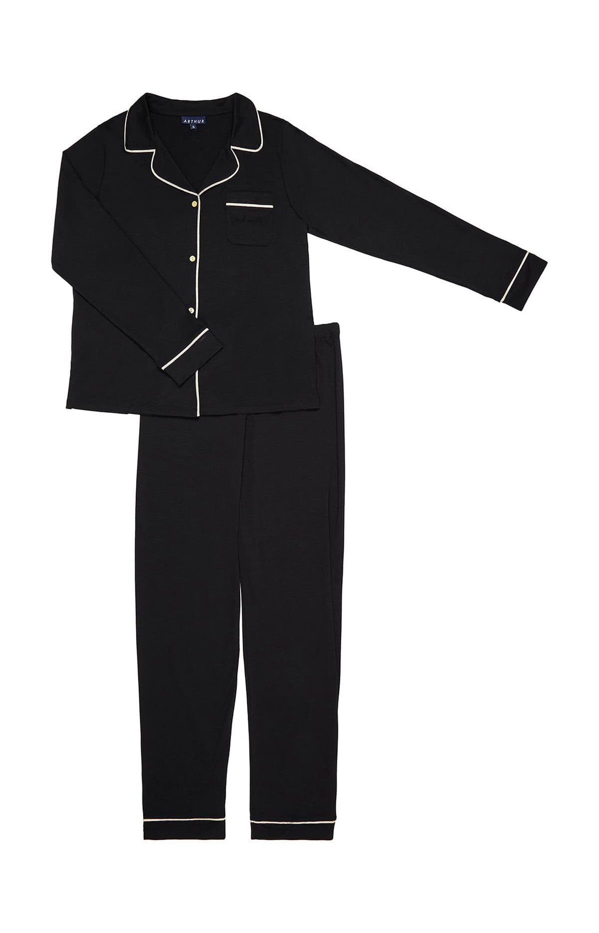 Pyjama long uni noir boutonné femme 3