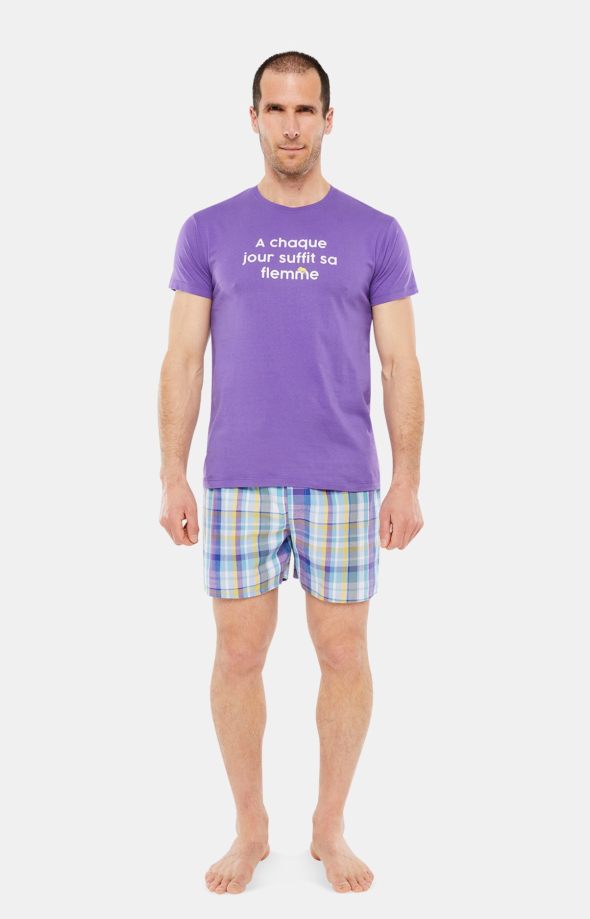 Pyjama court Pyjaméricain Homme Chaque jour suffit sa flemme Violet et Bordeaux 1
