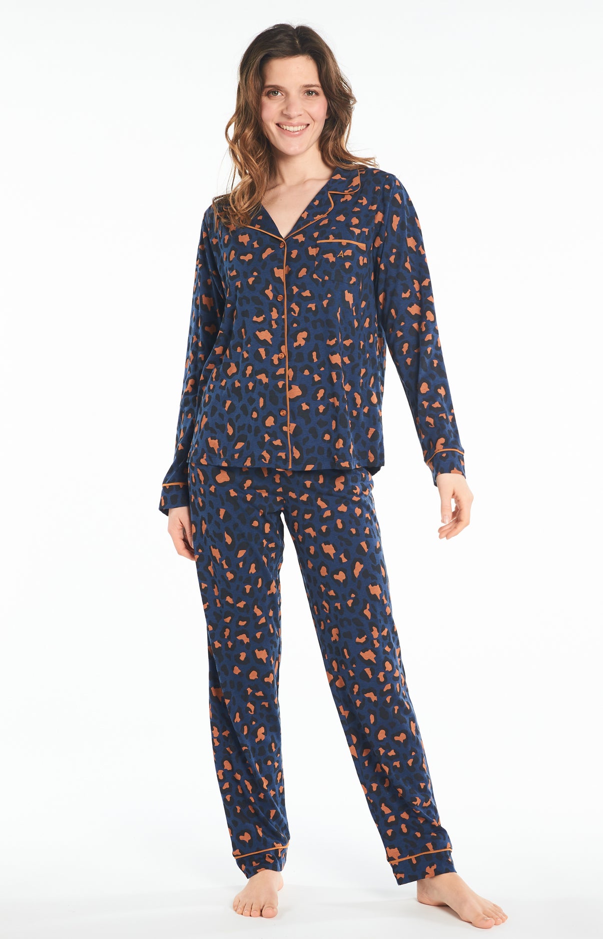 Pyjama long Femme Lyocell Leopard Marine 1
