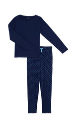 Pyjama longe en coton femme bleu marine coeur turquoise 3