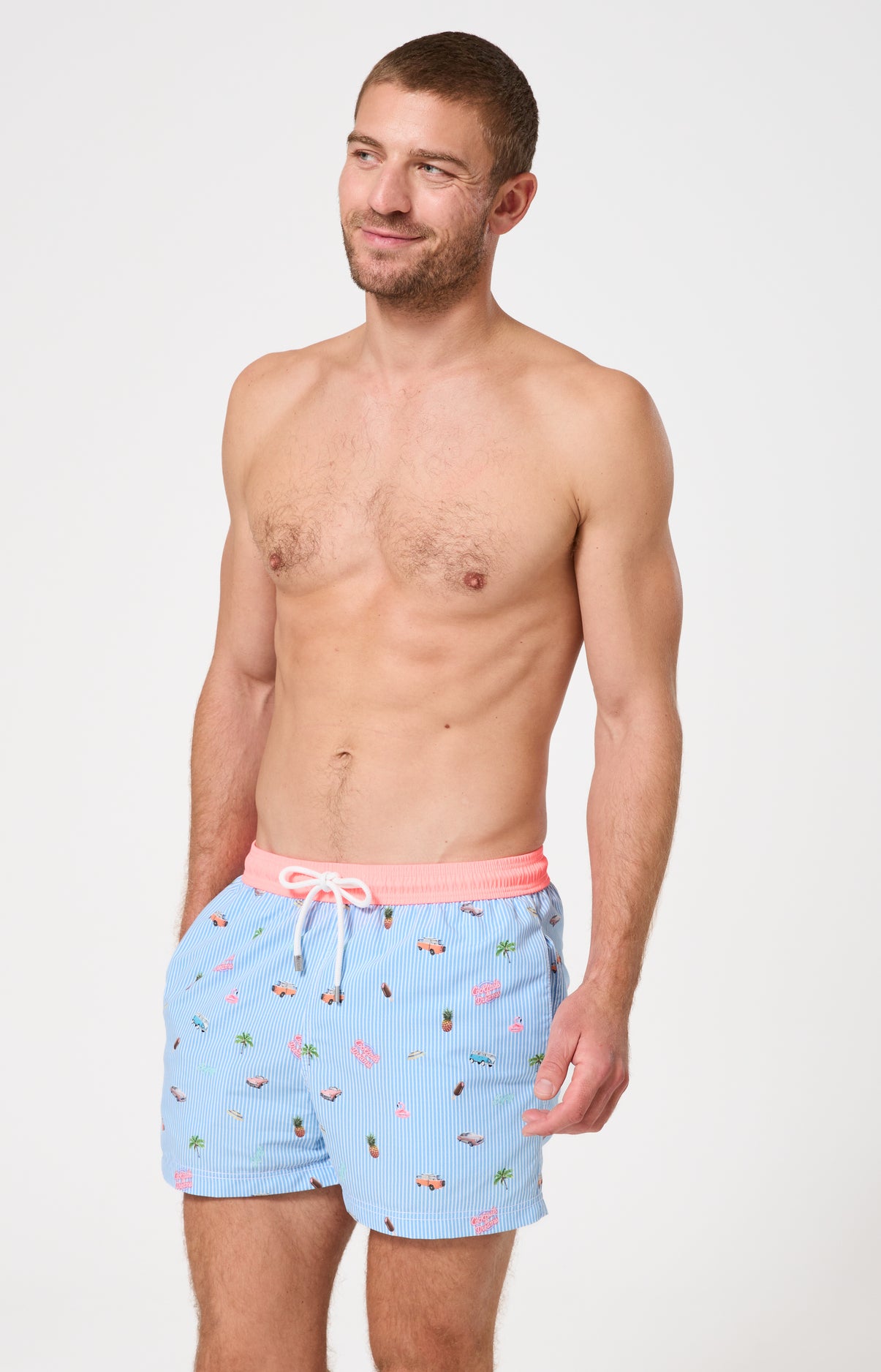 Short de bain homme Californie Imprimé Voitures et palmiers élastique rose 4