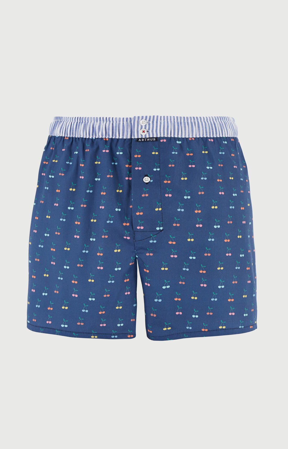 Caleçon avec suspensoir Le Club n°1202 Imprimé cerises multicolores élastique rayé bleu et blanc 3