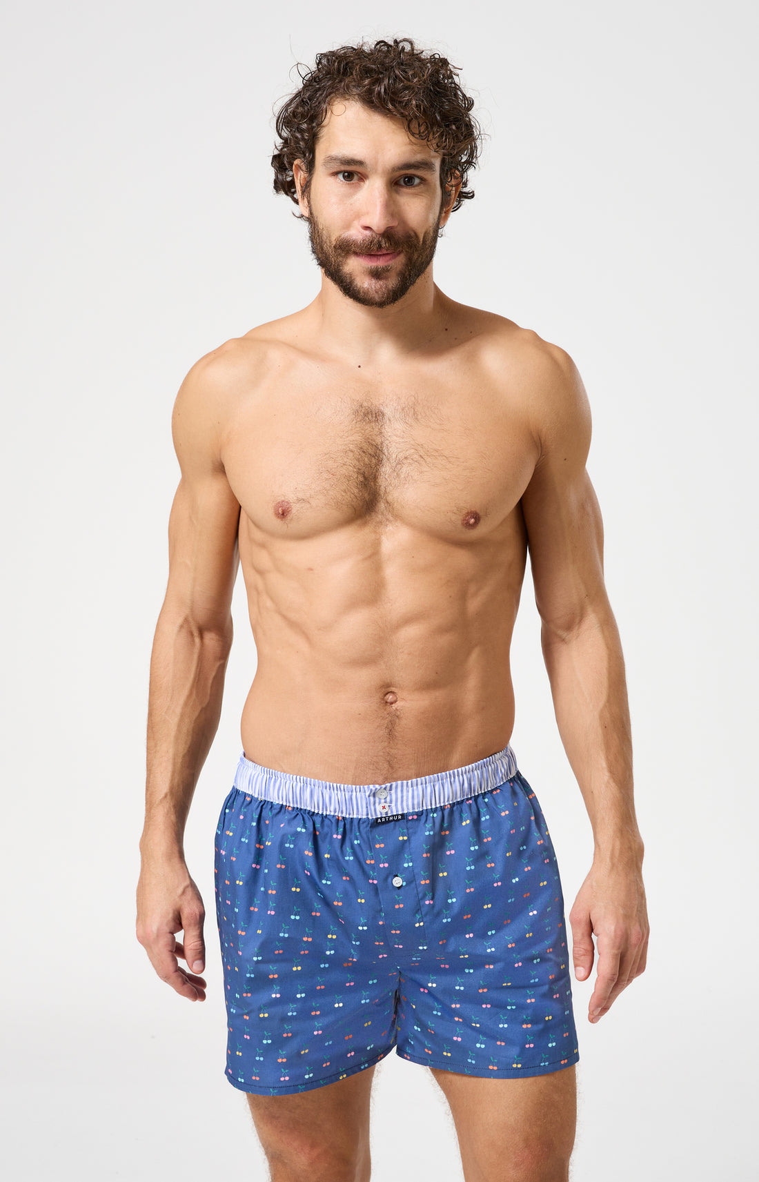 Caleçon avec suspensoir Le Club n°1202 Imprimé cerises multicolores élastique rayé bleu et blanc 2