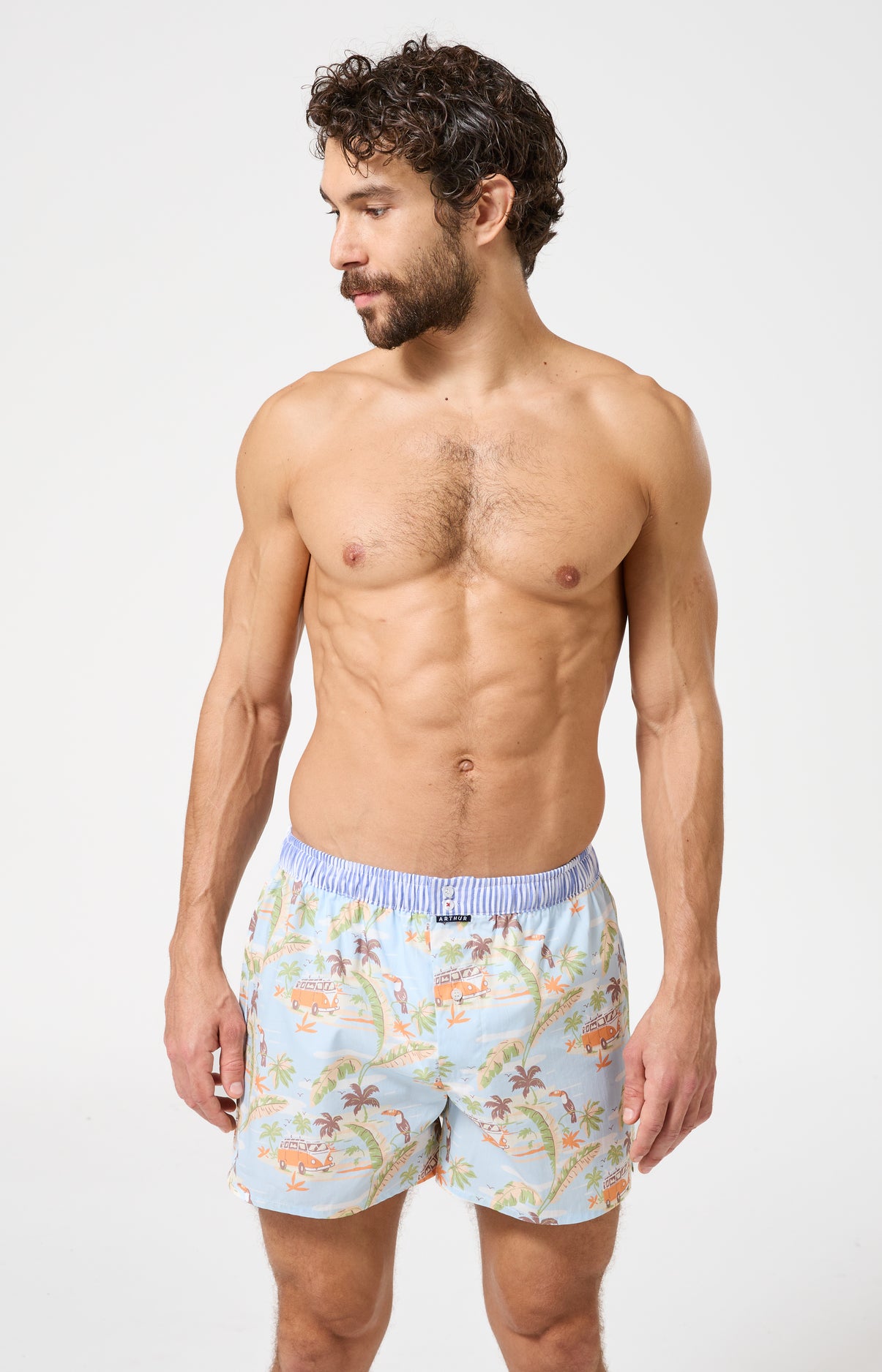 Caleçon avec suspensoir Le Club n°1226 Imprimé vannes et palmiers multicolores élastique rayé bleu et blanc 2