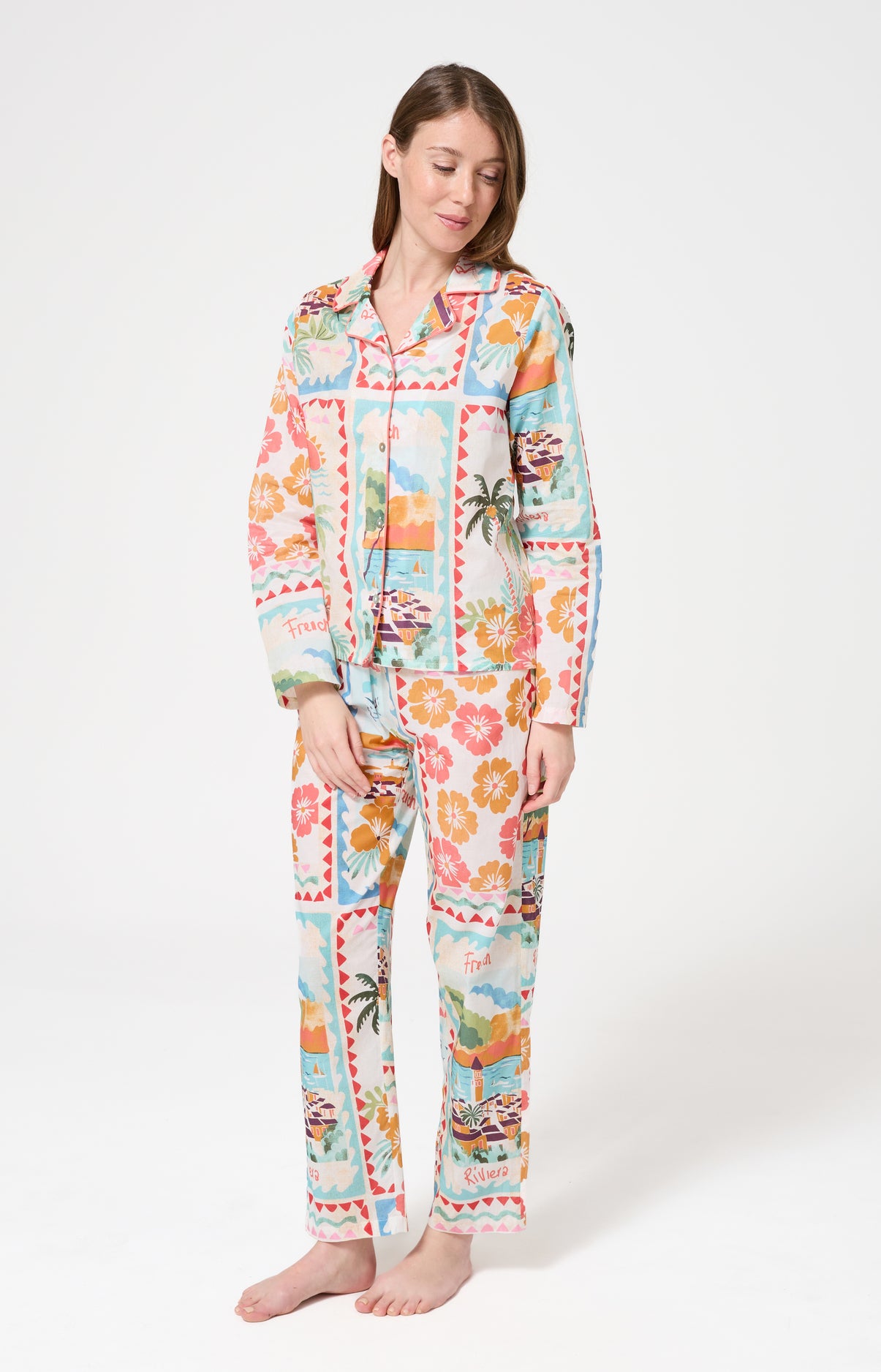 Pyjama Femme French Riviera Manches longues Imprimé carte postale et fleurs multicolores 1