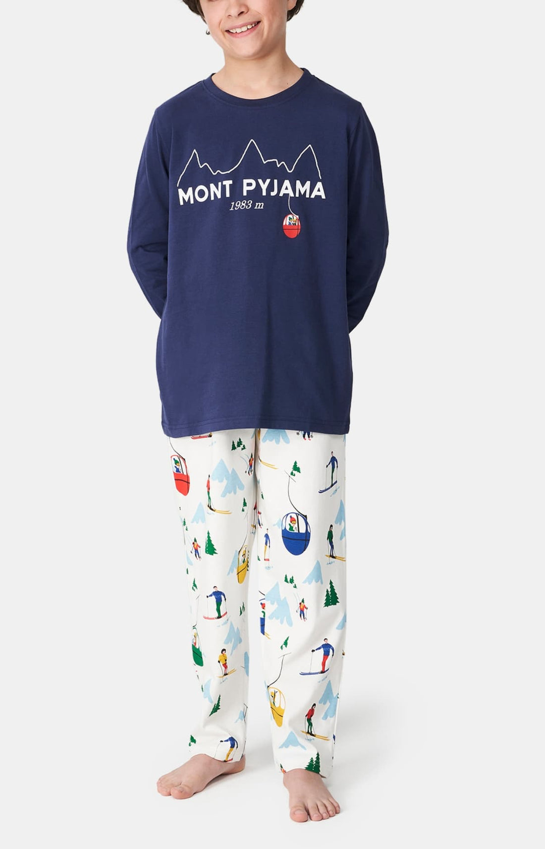 Pyjama long enfant ski et montagne bleu marine et blanc 7