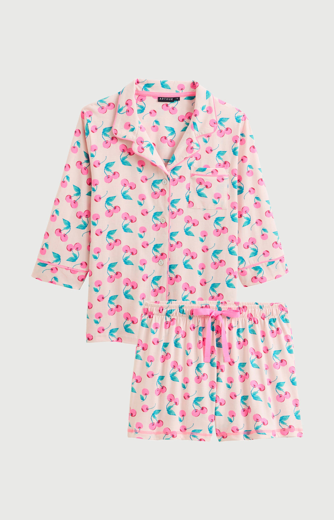 Pyjama Femme Amarena Manches longues Imprimé cerise rose et verte 3