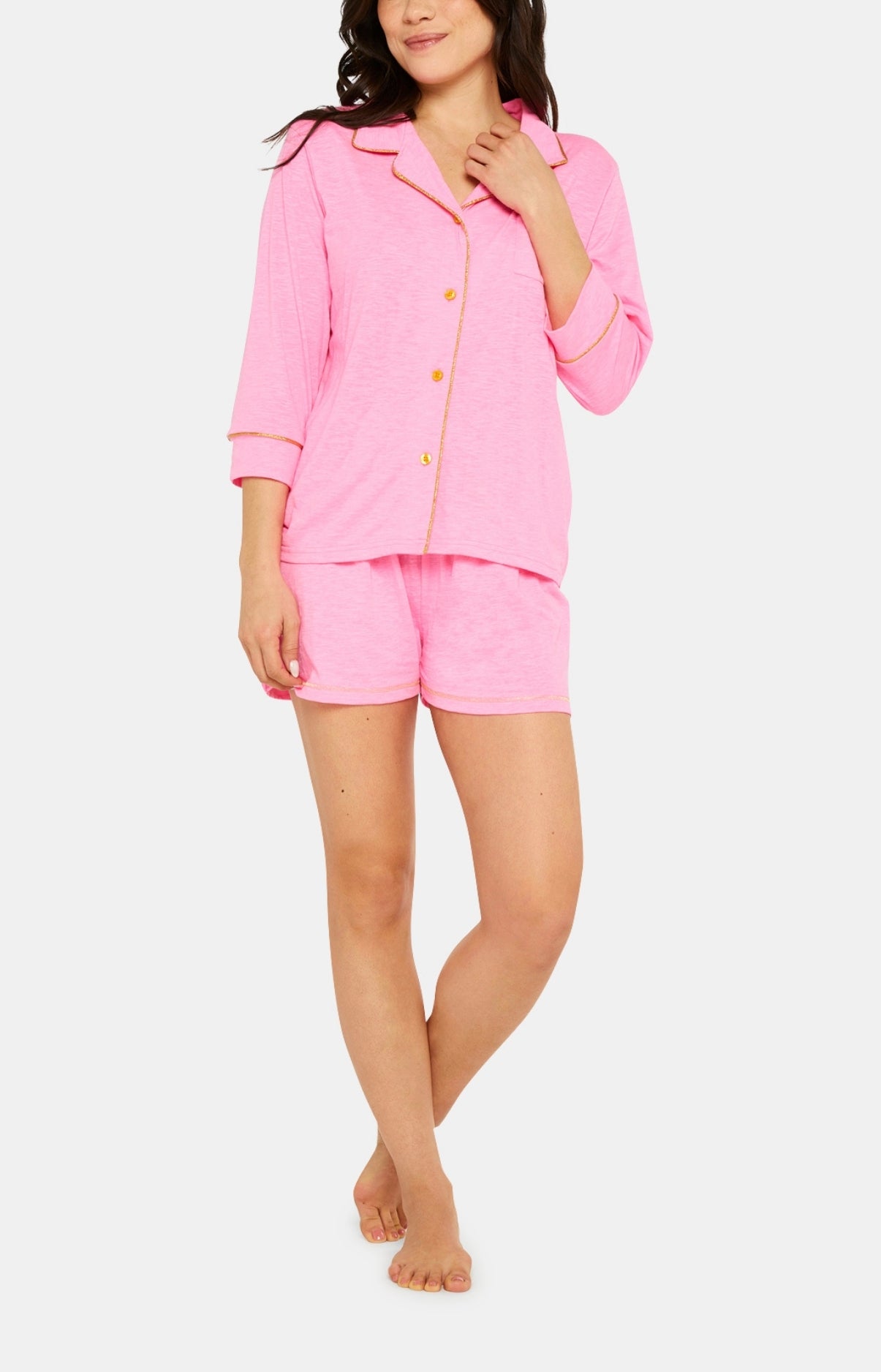 Pyjama court boutonné Femme Polyester et Coton Rose 1