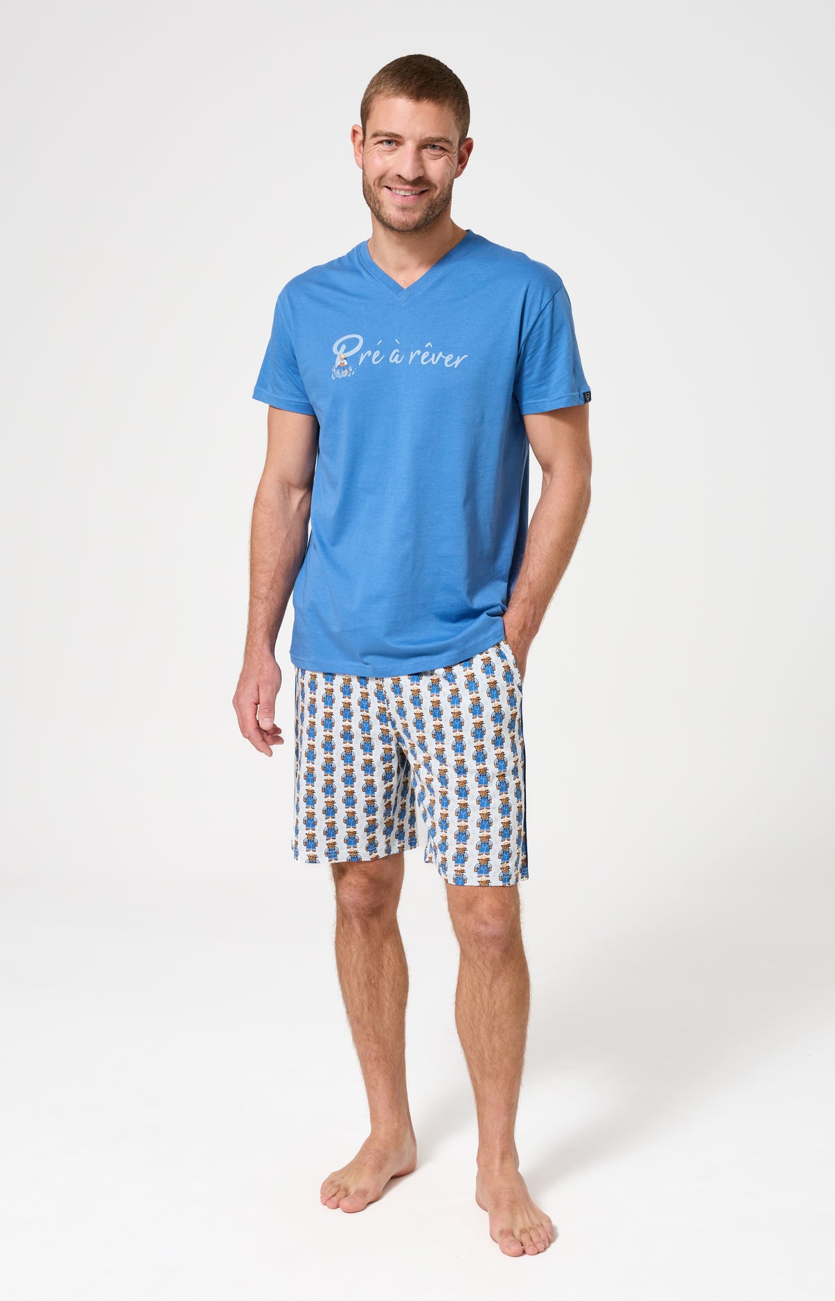 Pyjama Homme Pré à rêver Manches courtes Imprimé teddy campagne bleu et blanc 1