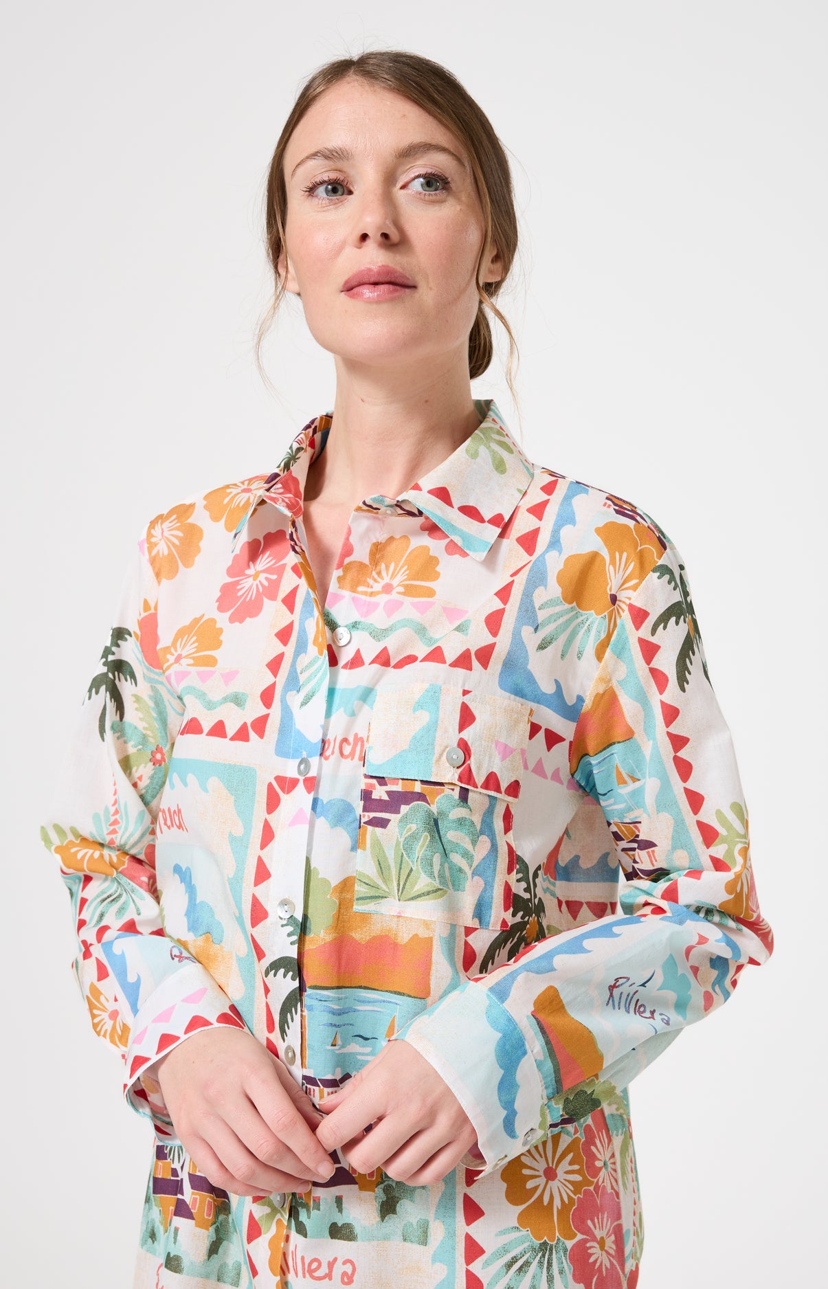 Chemise de nuit Femme French Riviera Manches longues Imprimé carte postale et fleurs multicolores 4