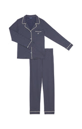 Pyjama long boutonné à pois bleu marine femme 3