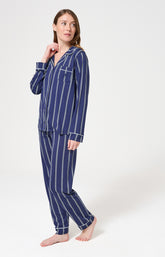 Pyjama long boutonné à rayures bleu marine femme 5