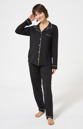 Pyjama long uni noir boutonné femme 4