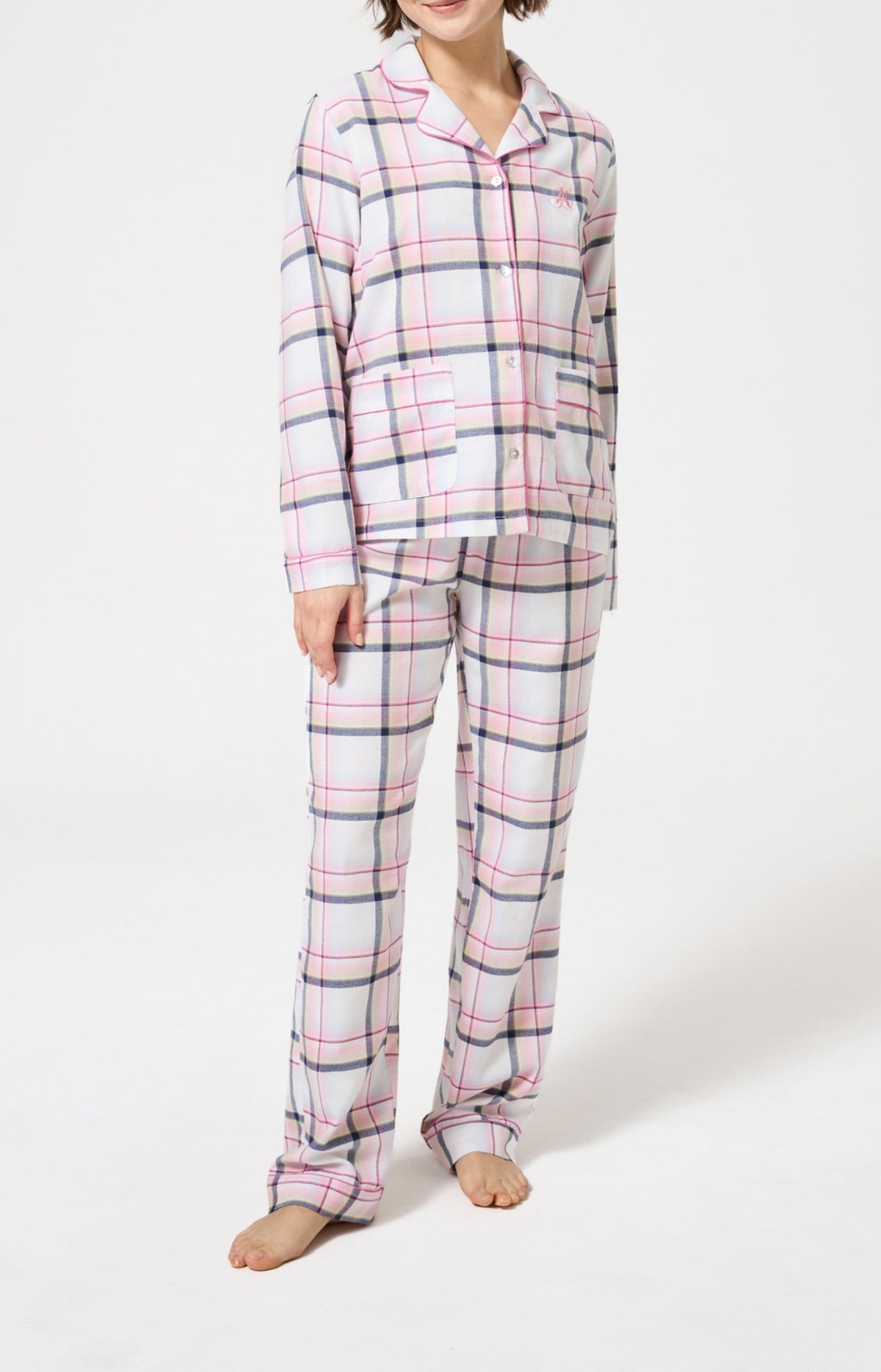 Pyjama chaud femme boutonné à carreaux rose 1