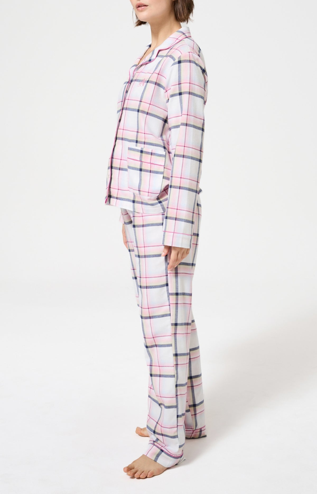Pyjama chaud femme boutonné à carreaux rose 4