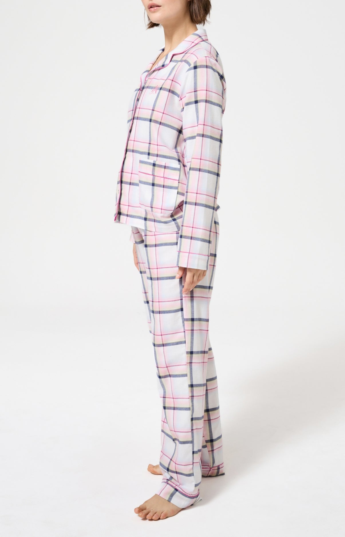 Pyjama chaud femme boutonné à carreaux rose 4