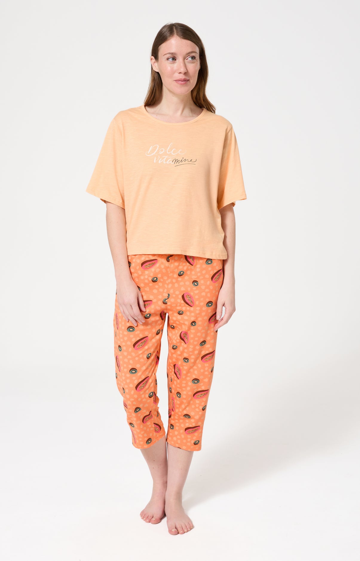Pyjama Femme Dolce vitamines Manches courtes Imprimé papayes et kiwis oranges et verts 1