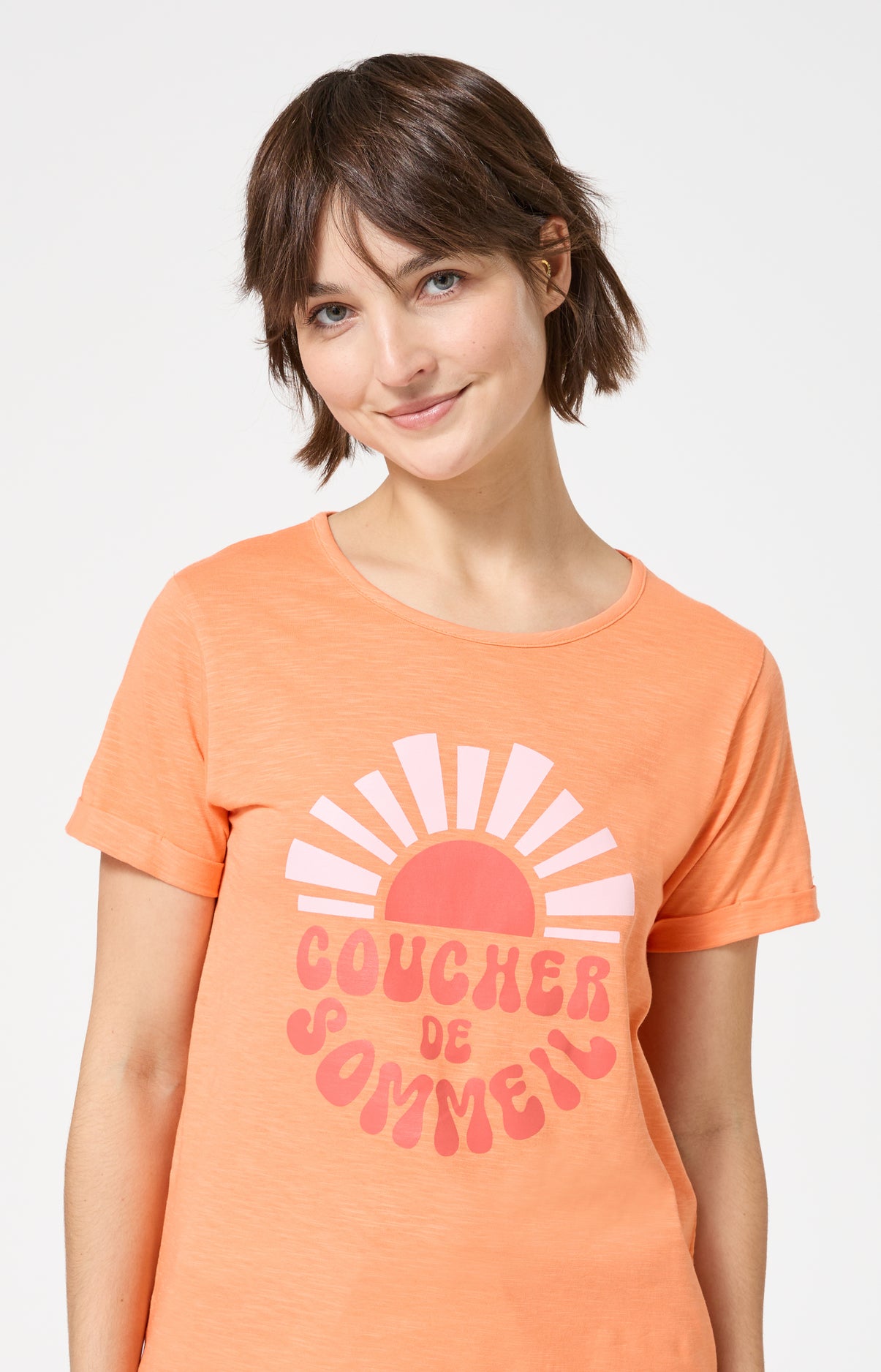 Pyjama Femme Coucher de sommeil Manches courtes Imprimé coucher de soleil orange 2