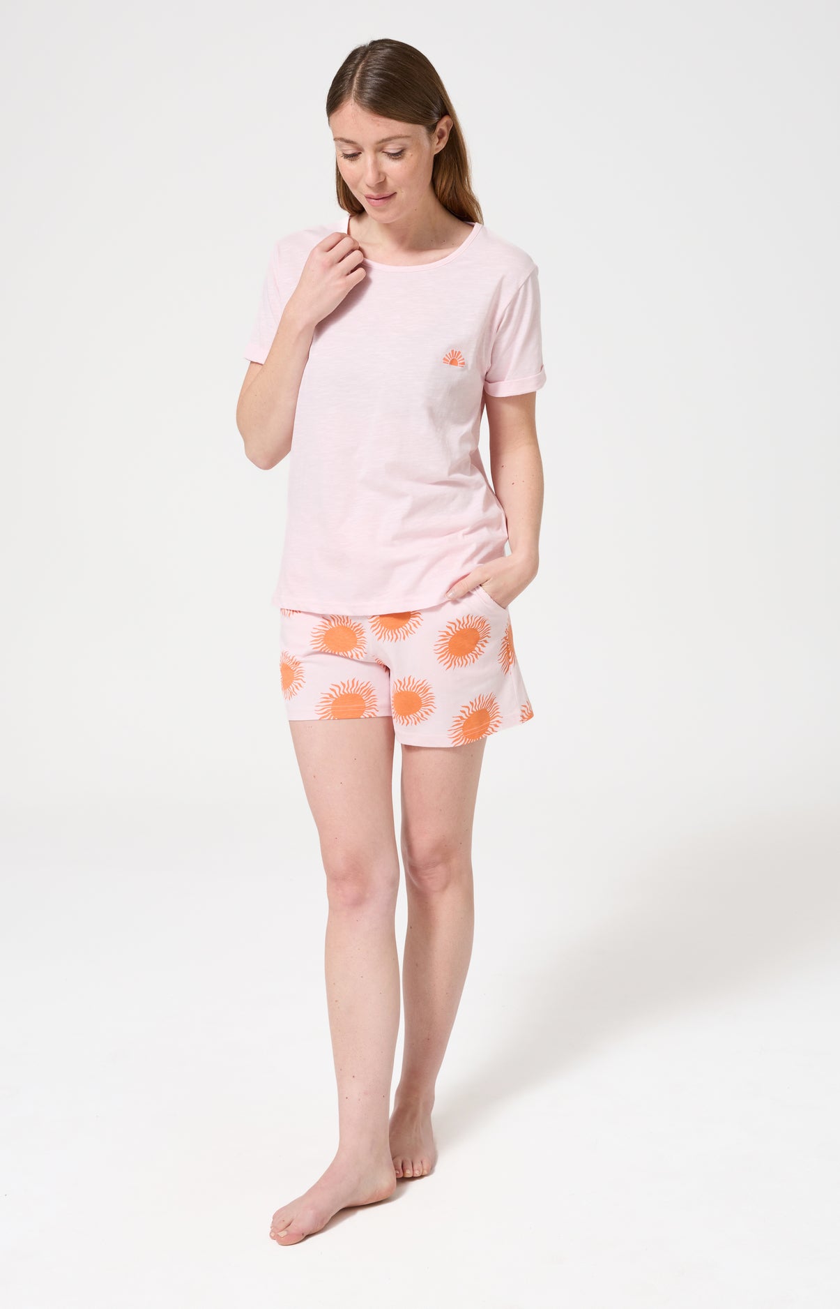 Pyjama Femme Coucher de sommeil Manches courtes Imprimé coucher de soleil orange 1