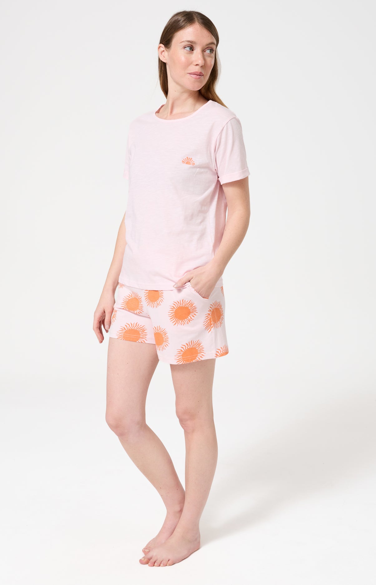 Pyjama Femme Coucher de sommeil Manches courtes Imprimé coucher de soleil orange 5