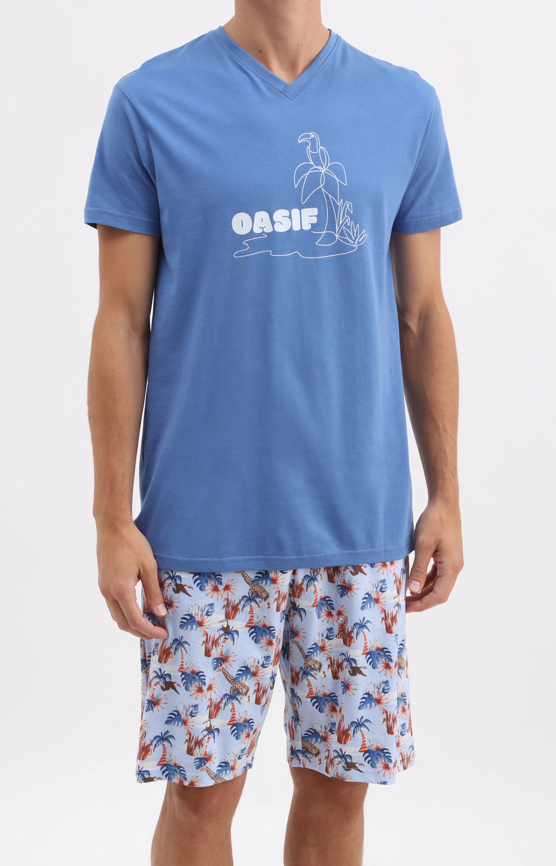Pyjama Homme Oasif bleu Imprimé palmiers et fleurs hawaiiens 1