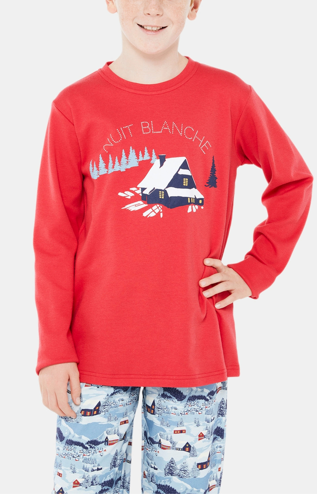 Pyjama long Enfant Petits Chalets Bleu et Rouge 2
