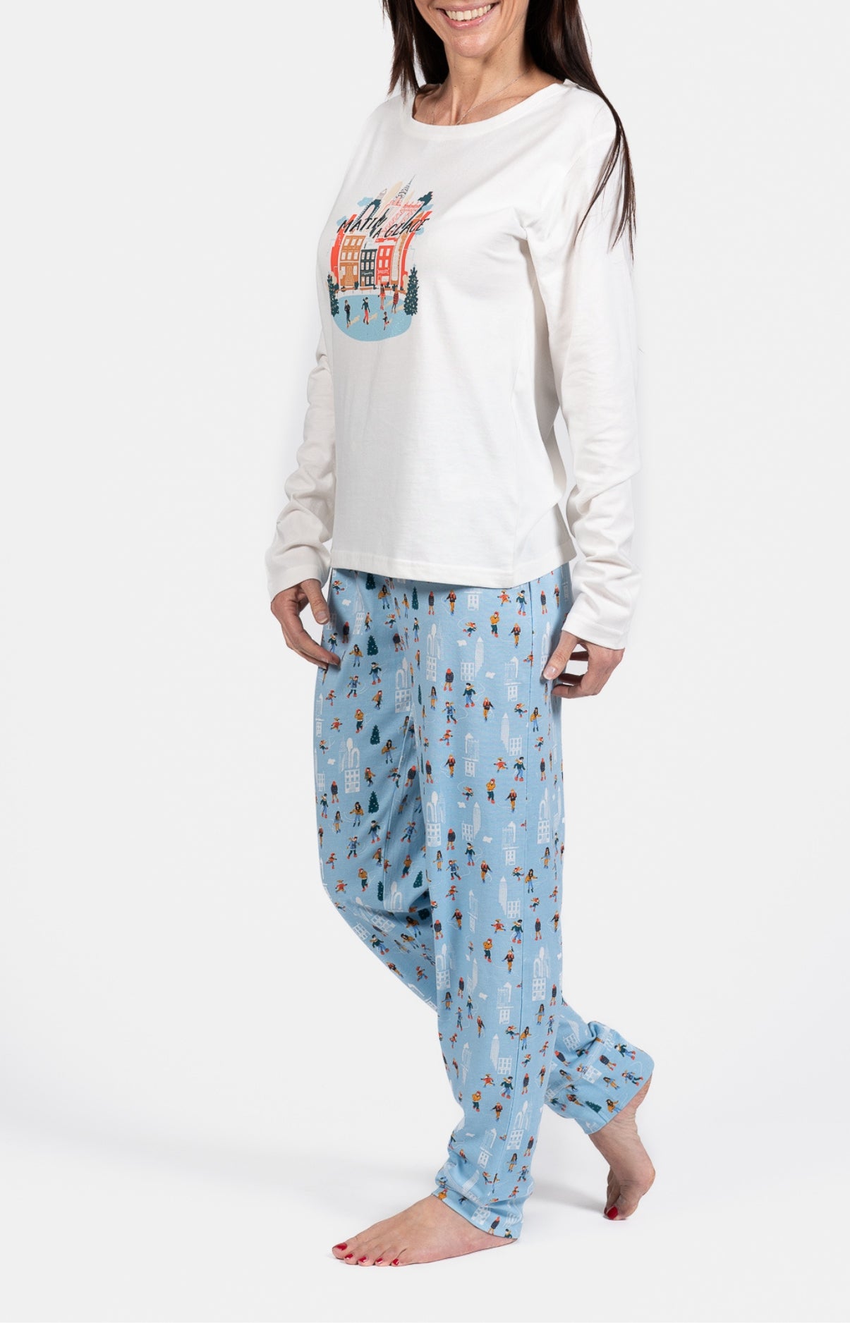 Pyjama long Femme Matin à glace Blanc et Ivoire et Bleu 5