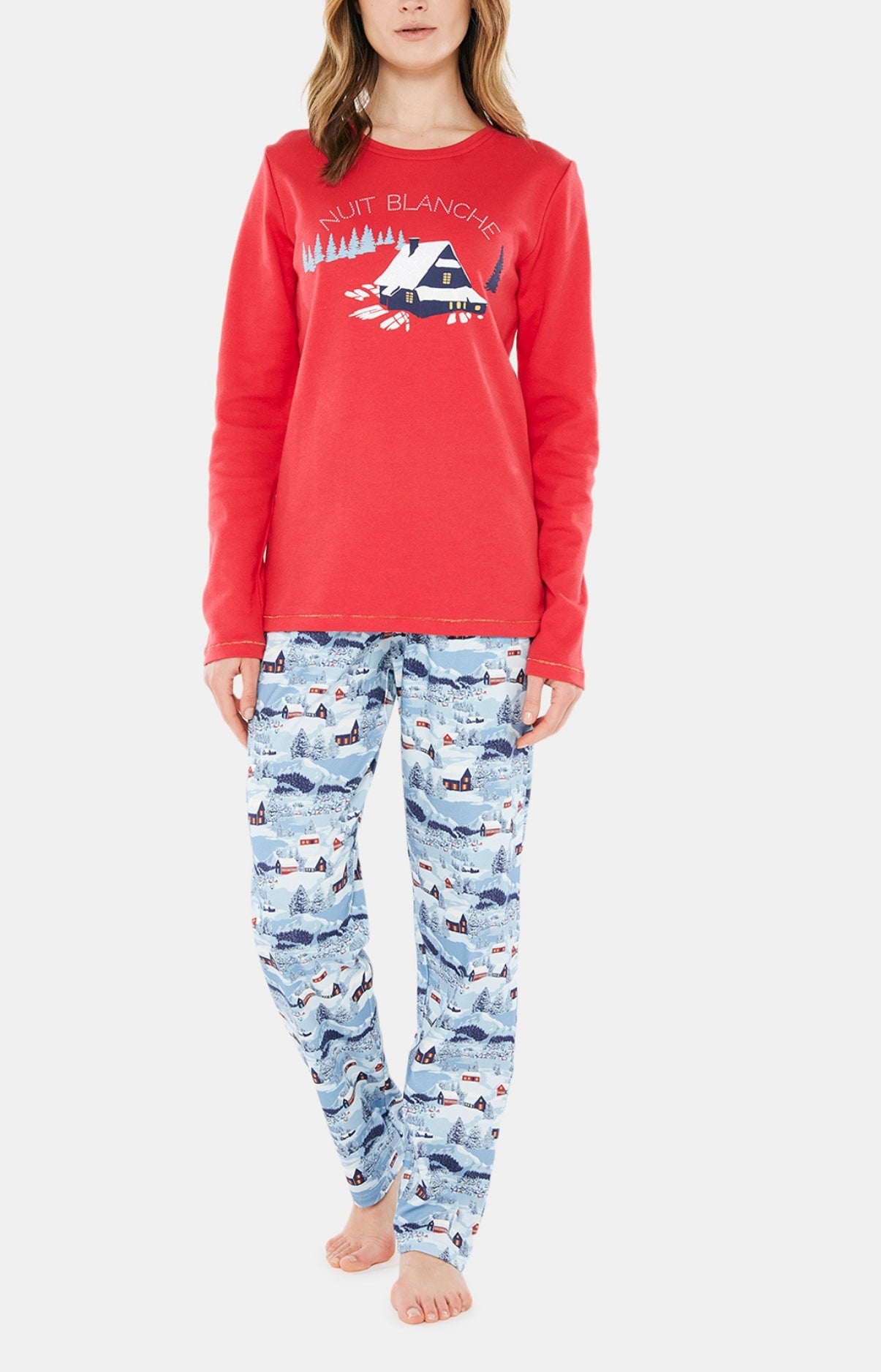 Pyjama long Femme Petits Chalets Bleu et Rouge 1