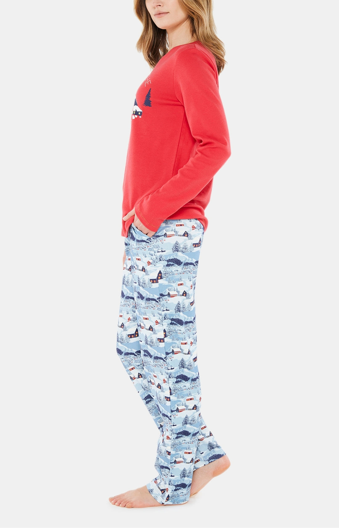 Pyjama long Femme Petits Chalets Bleu et Rouge 2