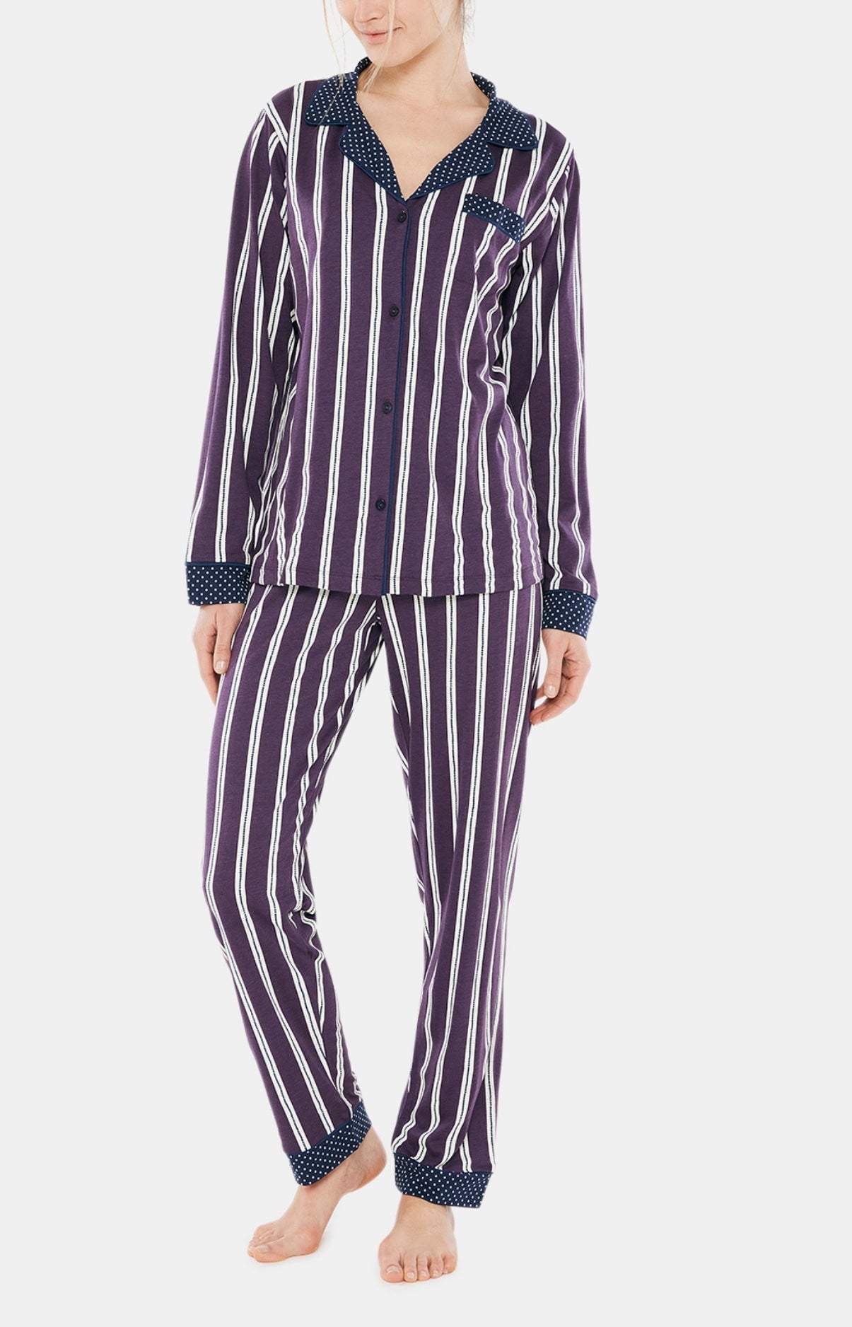 Pyjama long boutonné Femme Rayures Violet et Bordeaux 1