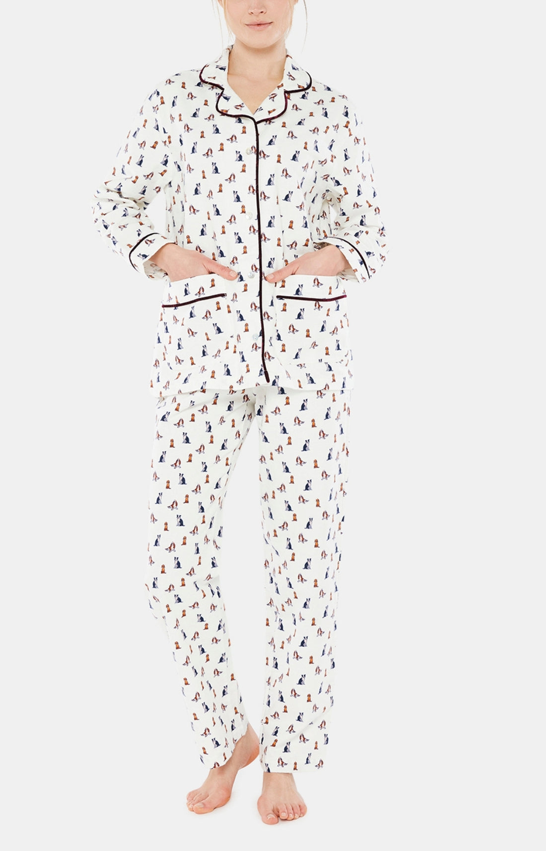 Pyjama long boutonné Femme Toutou Blanc et Ivoire 1