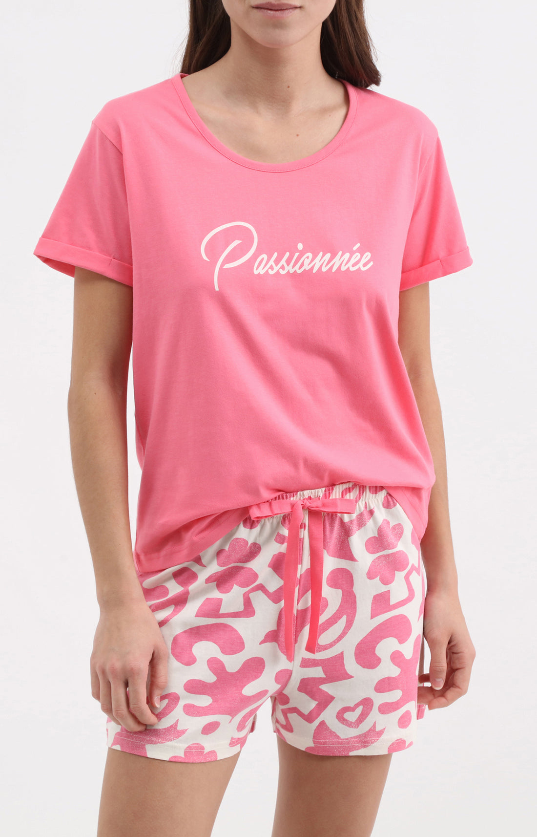 Pyjama Femme Passionnée Imprimé feuillage rose et blanc 1