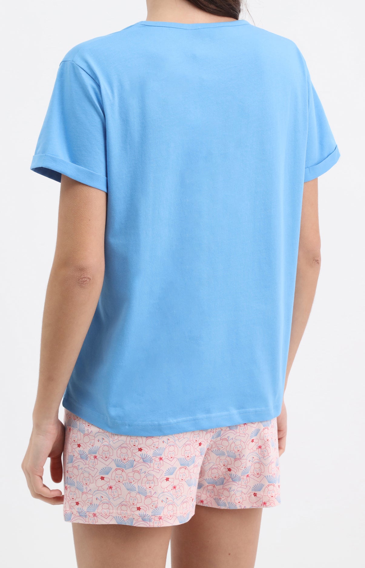 Pyjama Femme Sommeil levant Imprimé illustrations japonnaise bleues et roses 4