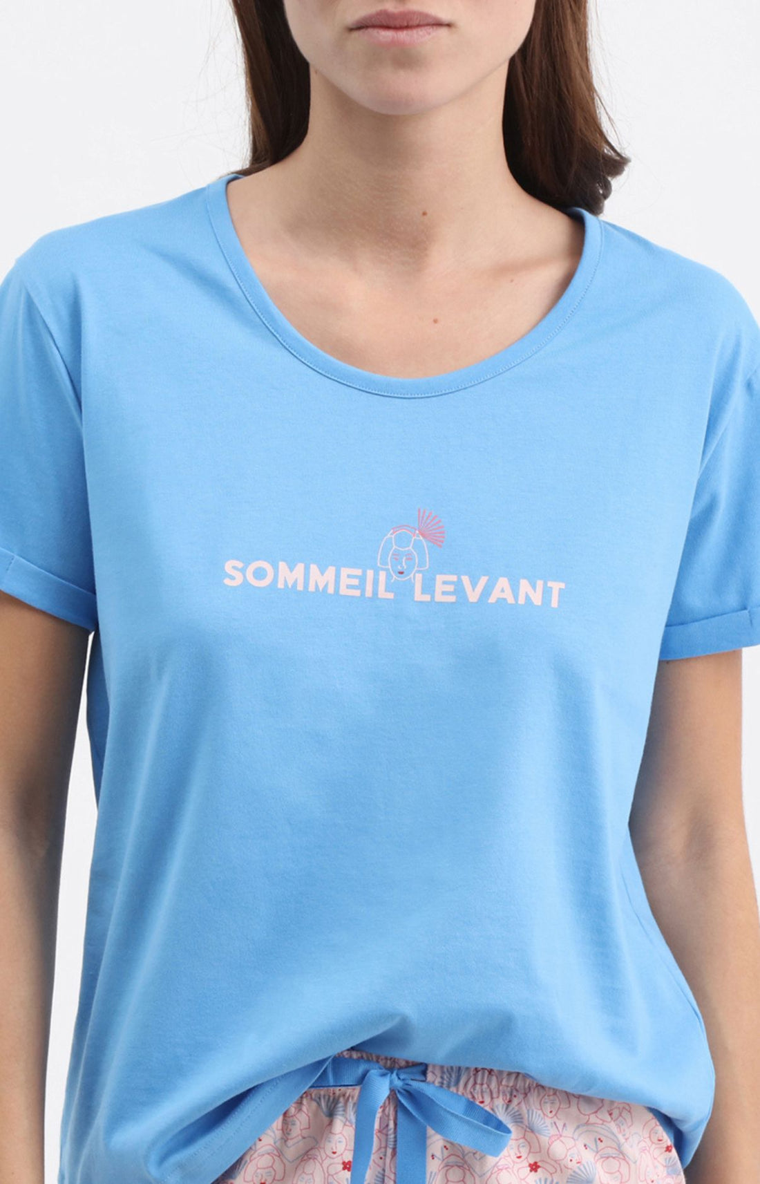 Pyjama Femme Sommeil levant Imprimé illustrations japonnaise bleues et roses 2