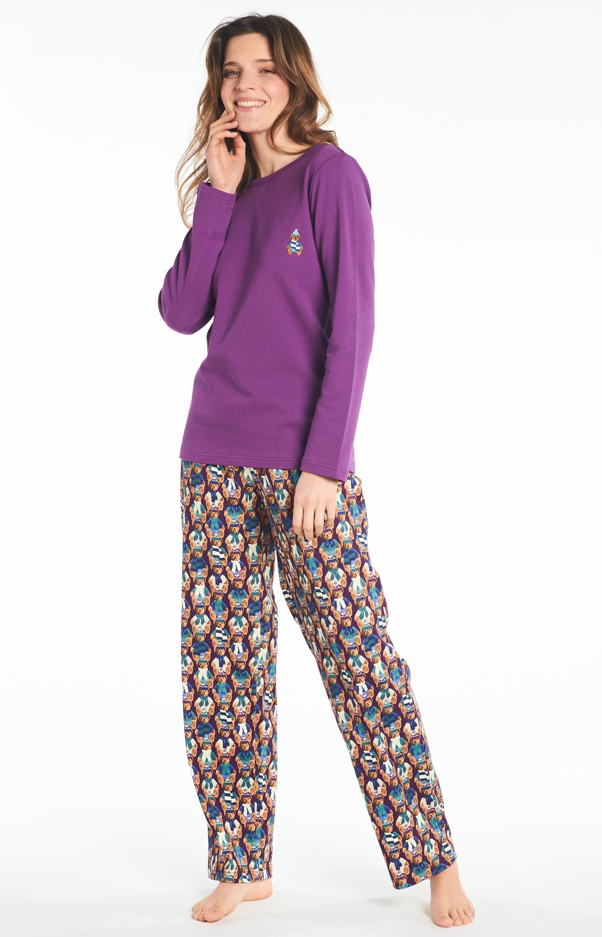 Pyjama long Femme Teddy Violet et Bordeaux 1