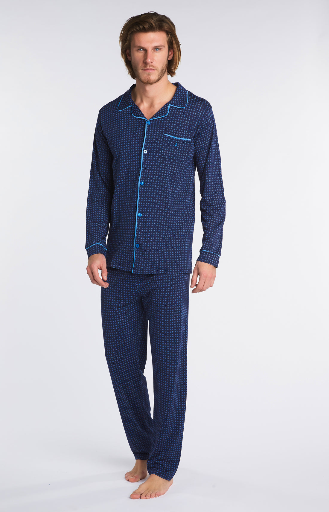Pyjama long Homme à carreaux Marine 1