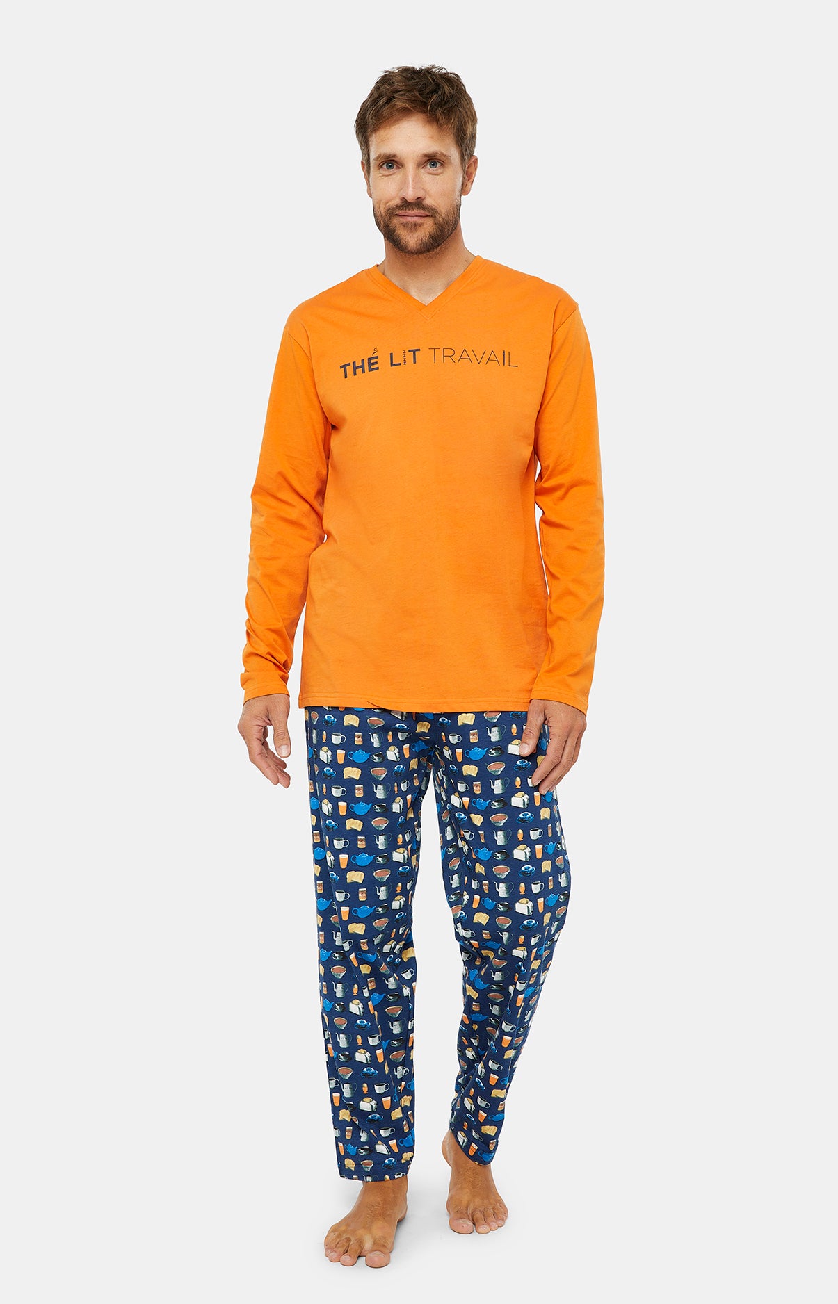 Pyjama long Homme Thé Lit Travail Marine et Orange 1