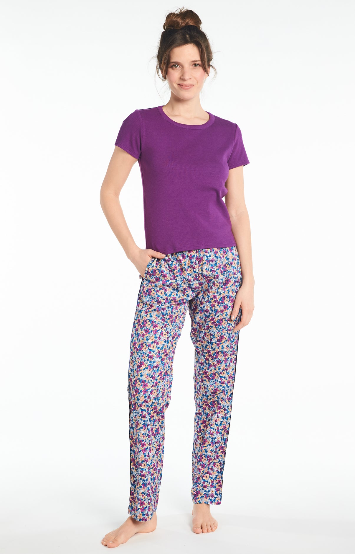 Pantalon Femme Fleur Violet et Bordeaux 1