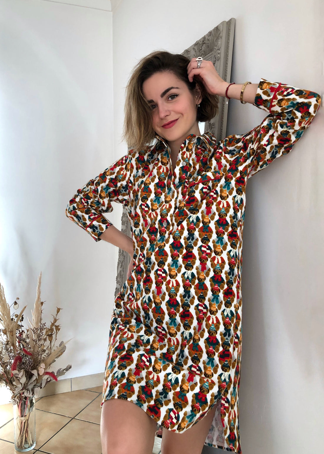 Chemise de nuit Grand-Père Femme Teddy Blanc et Ivoire 1